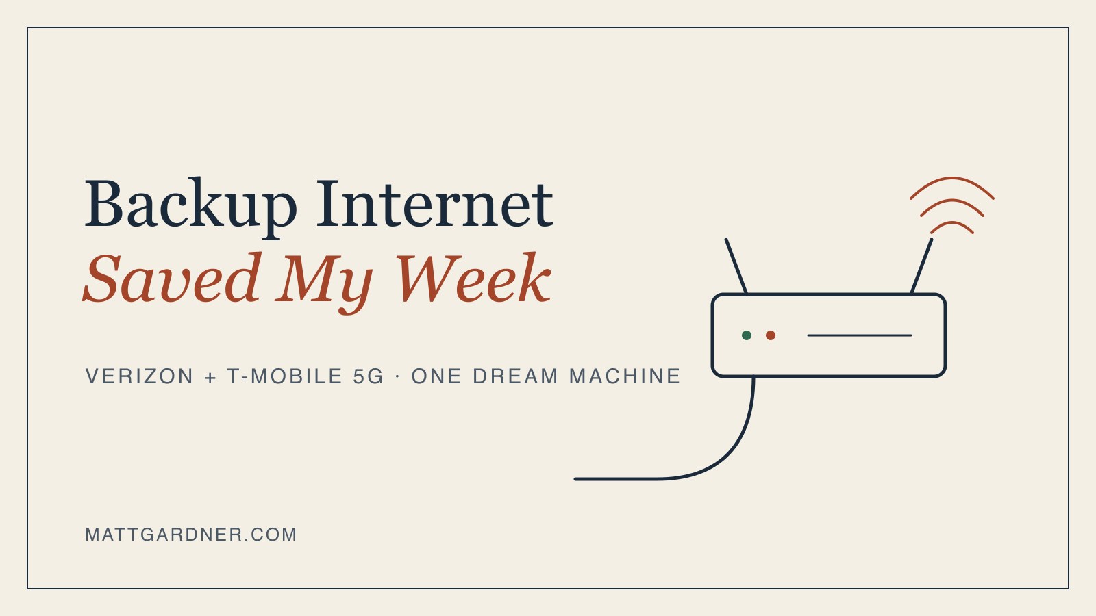 Drawn cover: the title beside a simple router with a cable and a wireless signal, for the wired line and the 5G backup