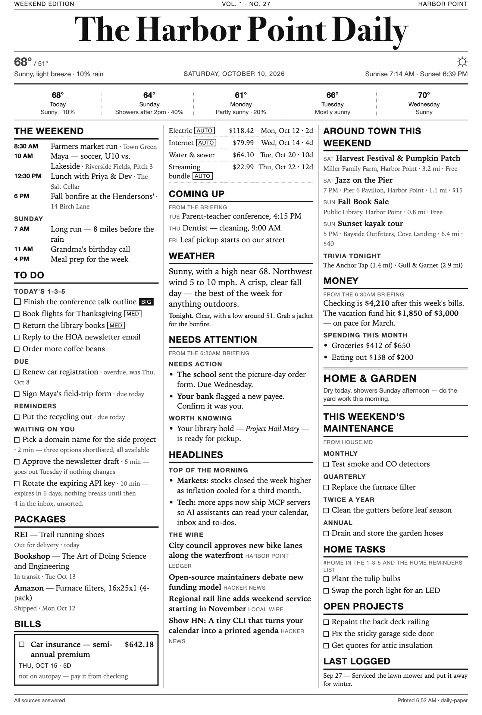 A printed newspaper-style briefing, The Harbor Point Daily, gathering calendar, to-dos, bills, packages, weather and news.