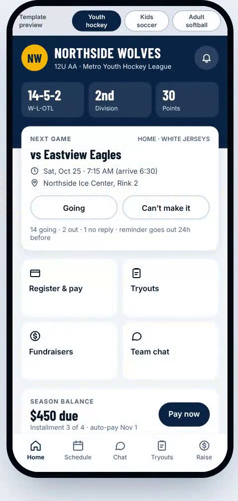 Phone screen of a sample youth hockey team's home page: next game, Going and Can't make it buttons, record, and season balance.
