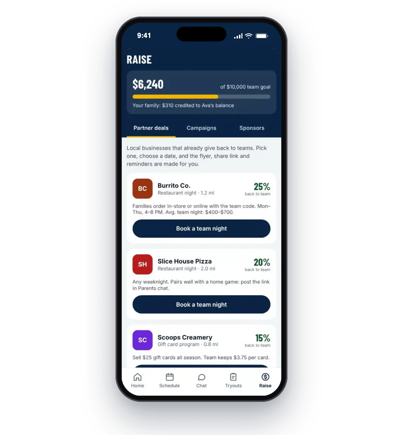 Fundraising screen with partner restaurant nights giving 15 to 25 percent back to the team.