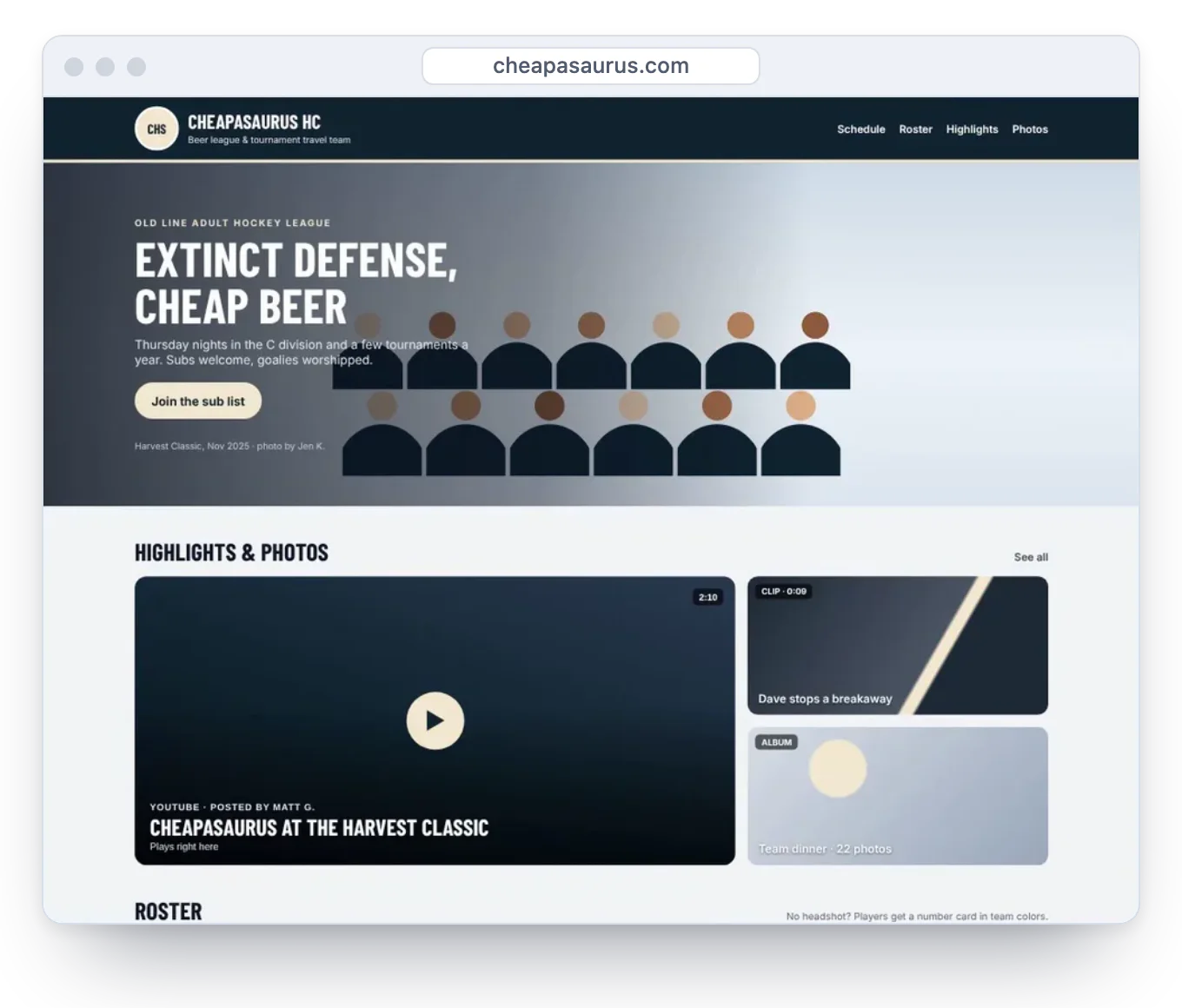 A sample Cheapasaurus team website with a team photo banner, highlights and roster.