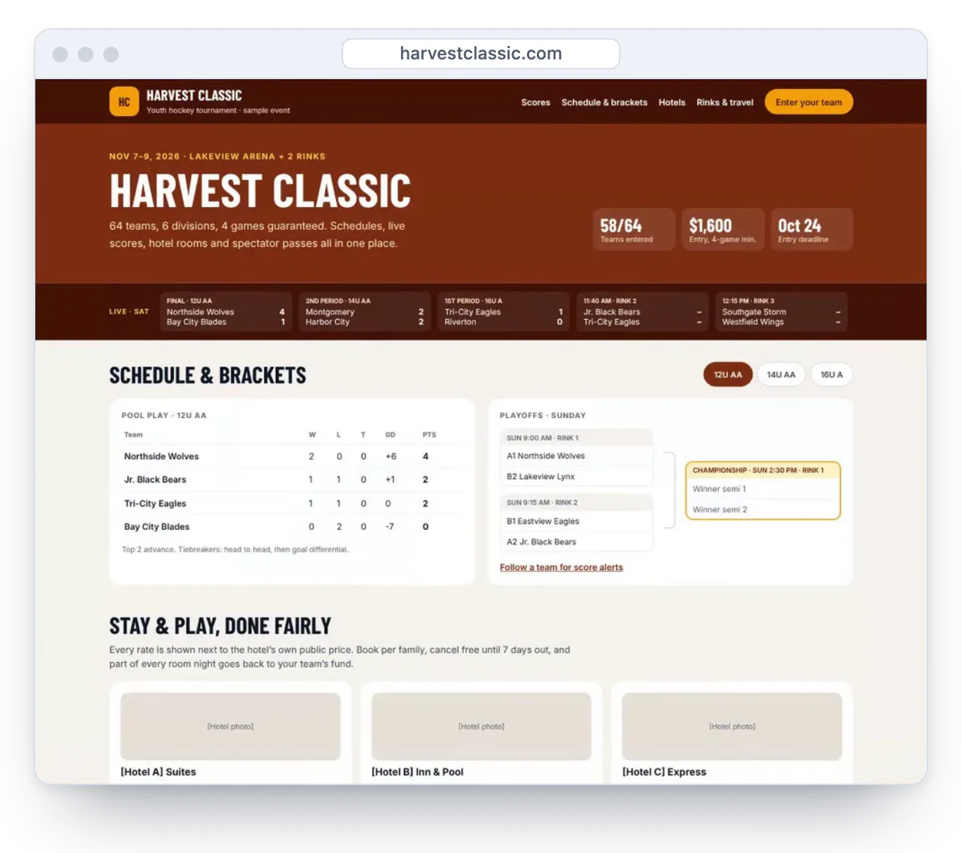 A sample tournament page with schedule, brackets and hotel options.