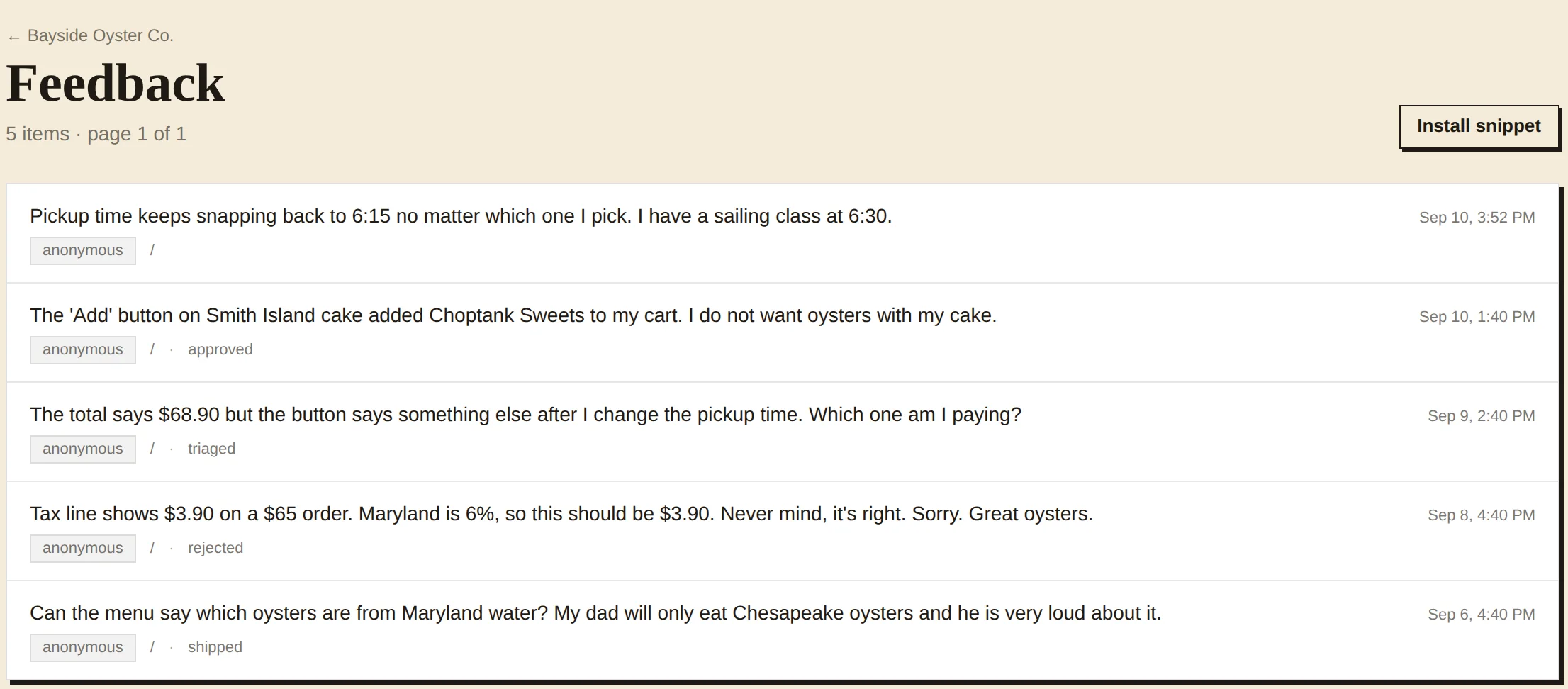The FeedbackThing inbox for the Bayside Oyster Co. project, five reports in a list, each with the customer's comment, an anonymous badge, the page route, a status, and a timestamp