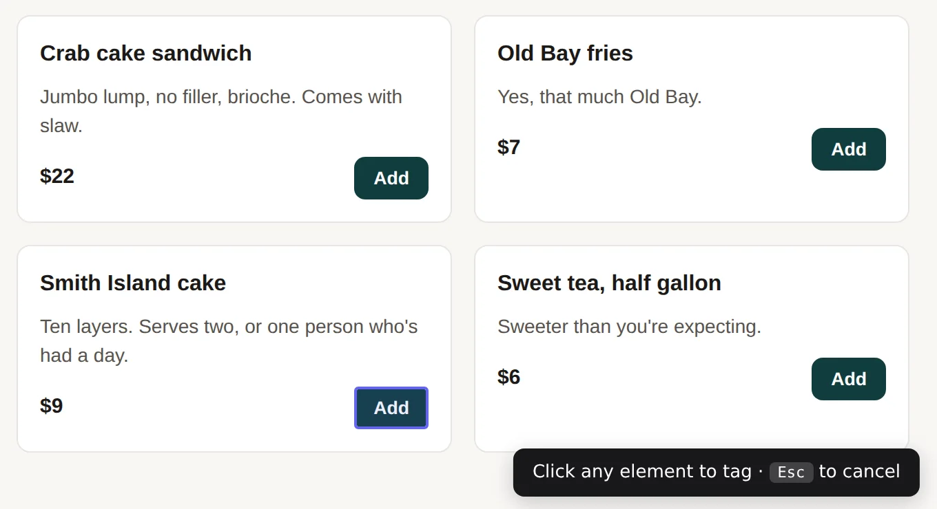 The oyster bar's menu in element-picking mode. The Add button on the Smith Island cake card is outlined in violet, and a black tooltip at the bottom reads "Click any element to tag, Esc to cancel"
