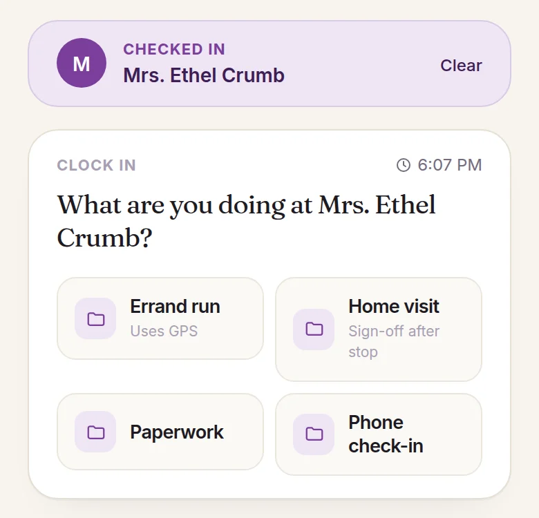 The hereby phone dashboard after checking in at a client's home, offering Home visit, Errand run, Paperwork, and Phone check-in as categories to start the clock