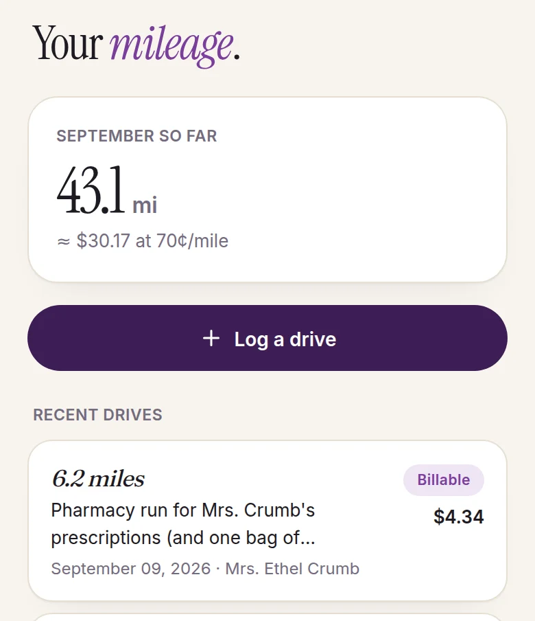 The hereby mileage log on a phone, showing the month's total and recent drives with reasons, each marked billable to a client