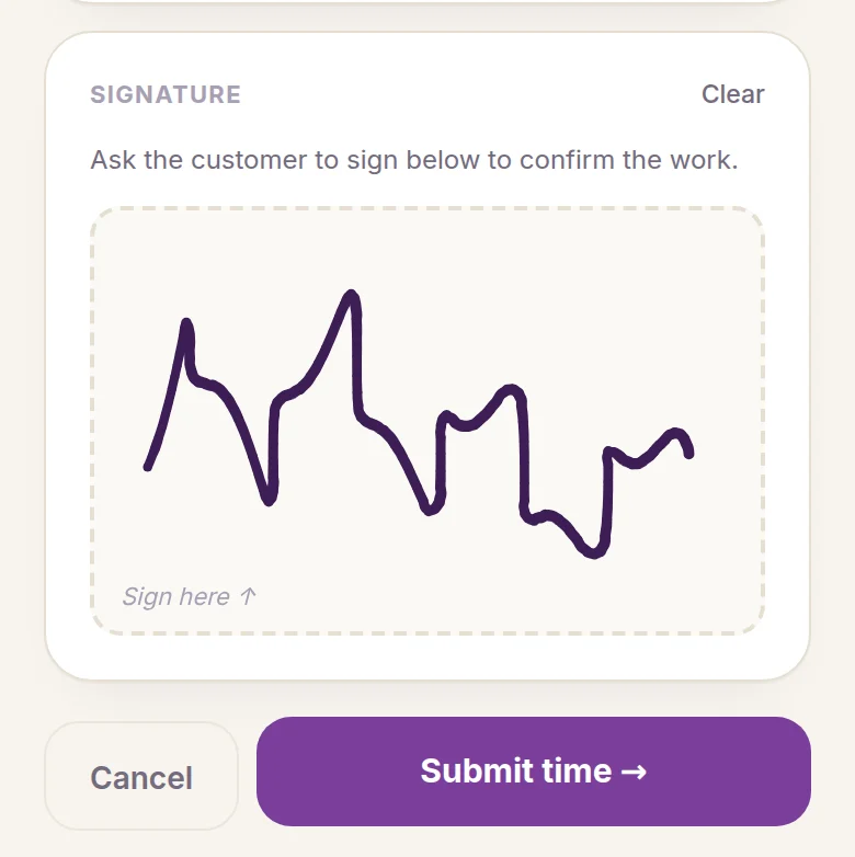 The hereby sign-off screen with a customer signature drawn on the pad and a Submit time button