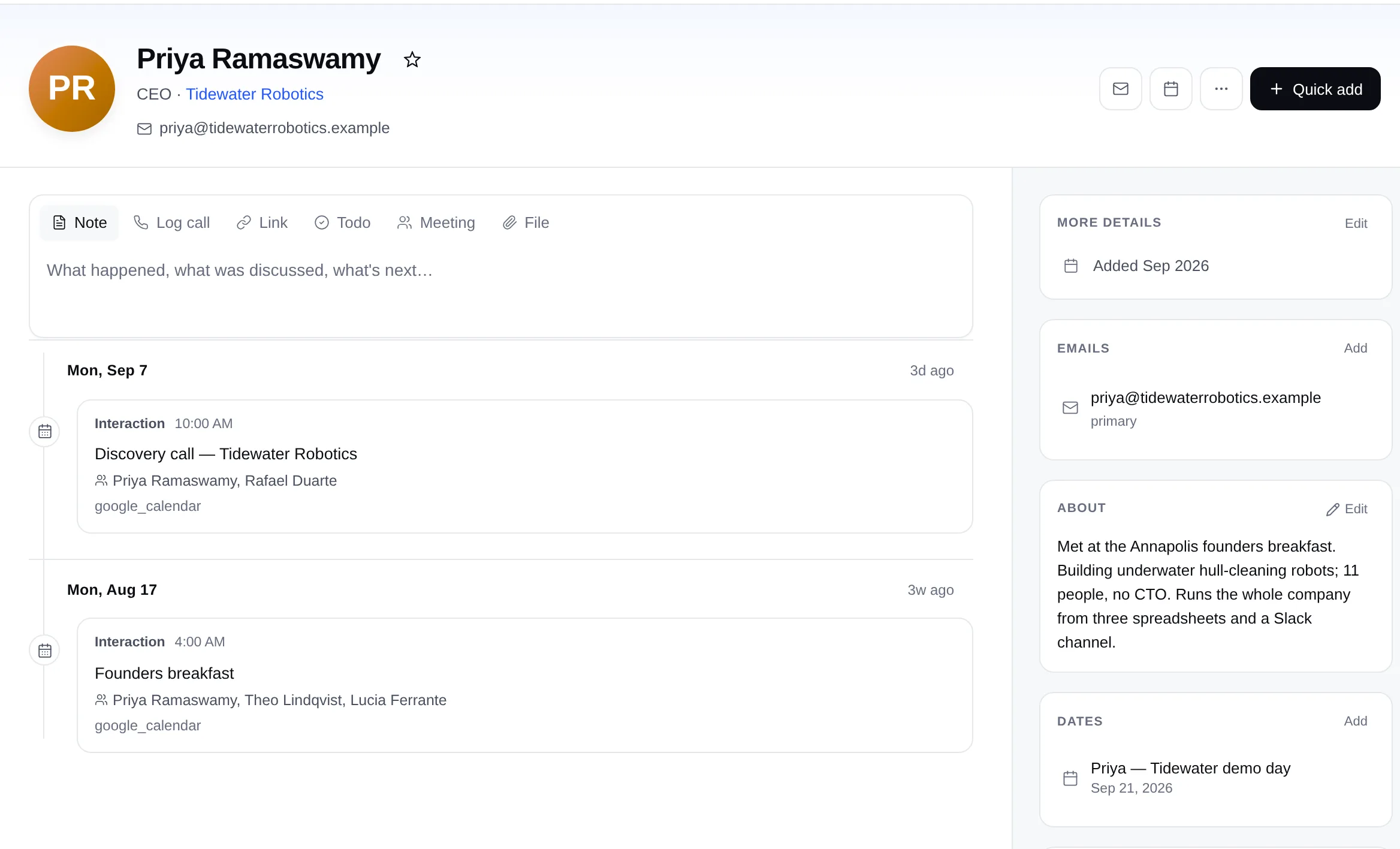 A contact profile in Pickle. Priya Ramaswamy's header, a composer with tabs for notes, calls, links, todos, meetings, and files, two timeline entries synced from Google Calendar with their attendees, and cards for About and upcoming Dates